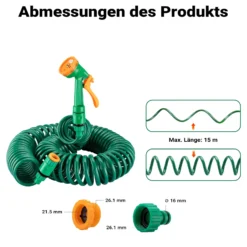 Wiltec Gartenschlauch Spiralschlauch 15m, flexibel Bewässerungsschlauch für Haus und Garten