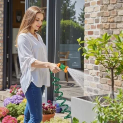 Wiltec Gartenschlauch Spiralschlauch 15m, flexibel Bewässerungsschlauch für Haus und Garten