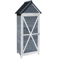 Wiltec Gartenschrank aus Holz grau 77x53x179cm mit Tür, Satteldach und Bitumenisolierung Gerätehaus Werkzeughaus Geräteschrank Werkzeugschrank Geräteschuppen