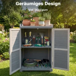 Wiltec Gartentisch mit Unterschrank und Arbeitsplatte, grau, Pflanztisch mit Schutzleisten für Gartenarbeiten, Holzschrank Werkzeugschrank Arbeitstisch für Garten