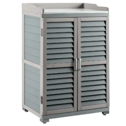 Wiltec Gartentisch mit Unterschrank und Arbeitsplatte, grau, Pflanztisch mit Schutzleisten für Gartenarbeiten, Holzschrank Werkzeugschrank Arbeitstisch für Garten