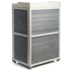 Wiltec Gartentisch mit Unterschrank und Arbeitsplatte, grau, Pflanztisch mit Schutzleisten für Gartenarbeiten, Holzschrank Werkzeugschrank Arbeitstisch für Garten