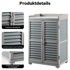 Wiltec Gartentisch mit Unterschrank und Arbeitsplatte, grau, Pflanztisch mit Schutzleisten für Gartenarbeiten, Holzschrank Werkzeugschrank Arbeitstisch für Garten