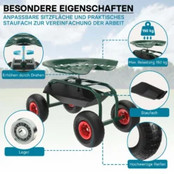Wiltec Gartenwagen mit Ablagefläche bis 150kg Gartenhocker mit Reifen Gartentrolley für Gartenarbeit Werkstattwagen Rollwagen Arbeitssitz Gartensitz fahrbar