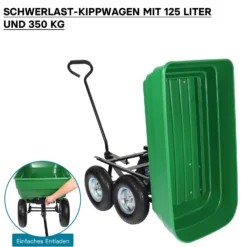 Wiltec Gartenwagen mit Kippfunktion bis 350 kg, Handwagen mit 125 l Volumen, Bollerwagen für Gartenarbeit, Handkarren für u. a. Rasen, Kies, Schlamm