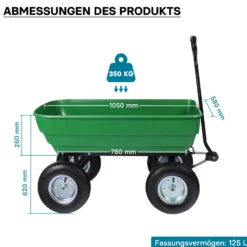 Wiltec Gartenwagen mit Kippfunktion bis 350 kg, Handwagen mit 125 l Volumen, Bollerwagen für Gartenarbeit, Handkarren für u. a. Rasen, Kies, Schlamm