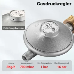 Wiltec Gasdruckminderer Frankreich, Gasdruckregler 700 mbar, 1,5 m Gasschlauch mit Druckminderer, Druckregler für große Geräte, Gasregler für Gasheizgebläse