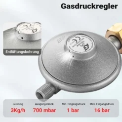 Wiltec Gasdruckminderer Italien, Gasdruckregler 700 mbar, 1,5 m Gasschlauch mit Druckminderer, Druckregler für große Geräte, Gasregler für Gasheizgebläse