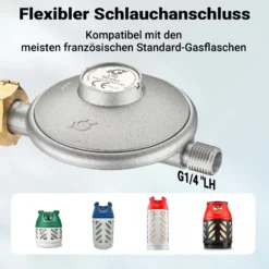 Wiltec Gasdruckminderer Italien, Gasdruckregler 700 mbar, 1,5 m Gasschlauch mit Druckminderer, Druckregler für große Geräte, Gasregler für Gasheizgebläse