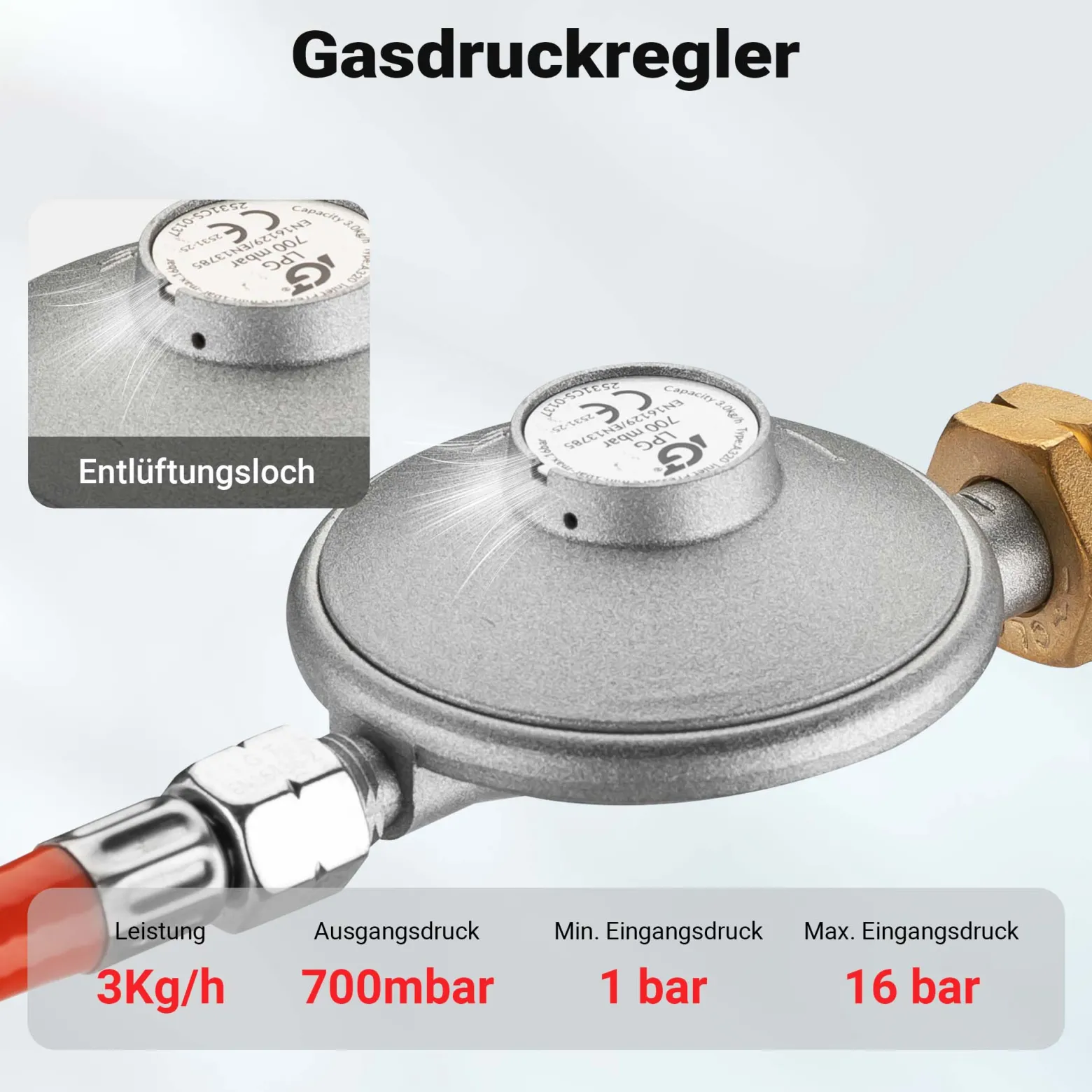 Wiltec Gasdruckminderer Spanien mit Adapter, Gasdruckregler 700 mbar, 1,5 m Gasschlauch mit Druckminderer, Druckregler für große Geräte, Gasregler für Gasheizgebläse