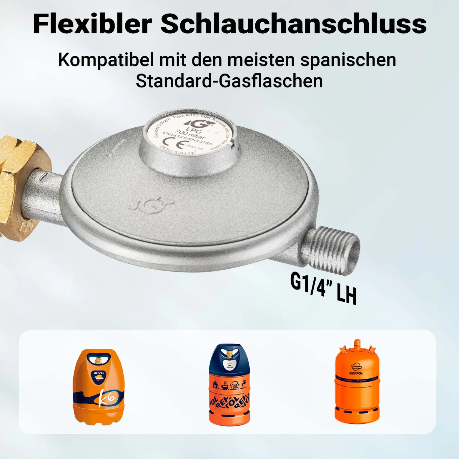Wiltec Gasdruckminderer Spanien mit Adapter, Gasdruckregler 700 mbar, 1,5 m Gasschlauch mit Druckminderer, Druckregler für große Geräte, Gasregler für Gasheizgebläse