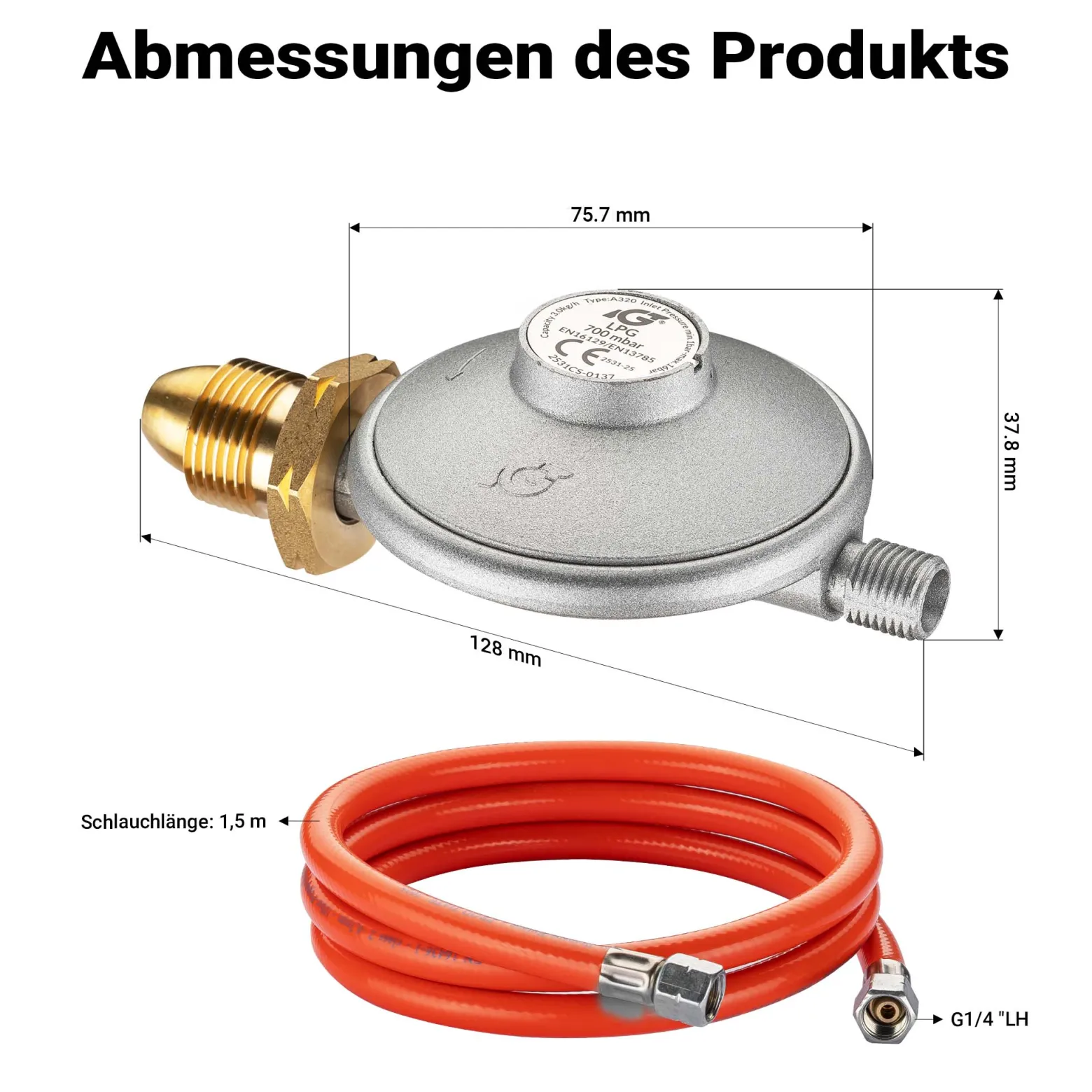 Wiltec Gasdruckminderer UK, Gasdruckregler 700 mbar, 1,5 m Gasschlauch mit Druckminderer, Druckregler für große Geräte, Gasregler für Gasheizgebläse