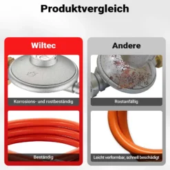 Wiltec Gasdruckminderer UK, Gasdruckregler 700 mbar, 1,5 m Gasschlauch mit Druckminderer, Druckregler für große Geräte, Gasregler für Gasheizgebläse