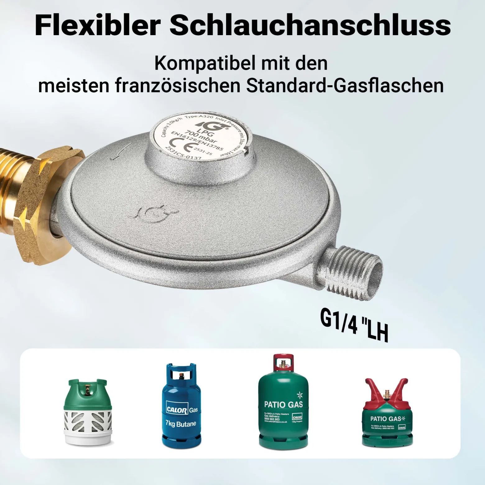 Wiltec Gasdruckminderer UK, Gasdruckregler 700 mbar, 1,5 m Gasschlauch mit Druckminderer, Druckregler für große Geräte, Gasregler für Gasheizgebläse