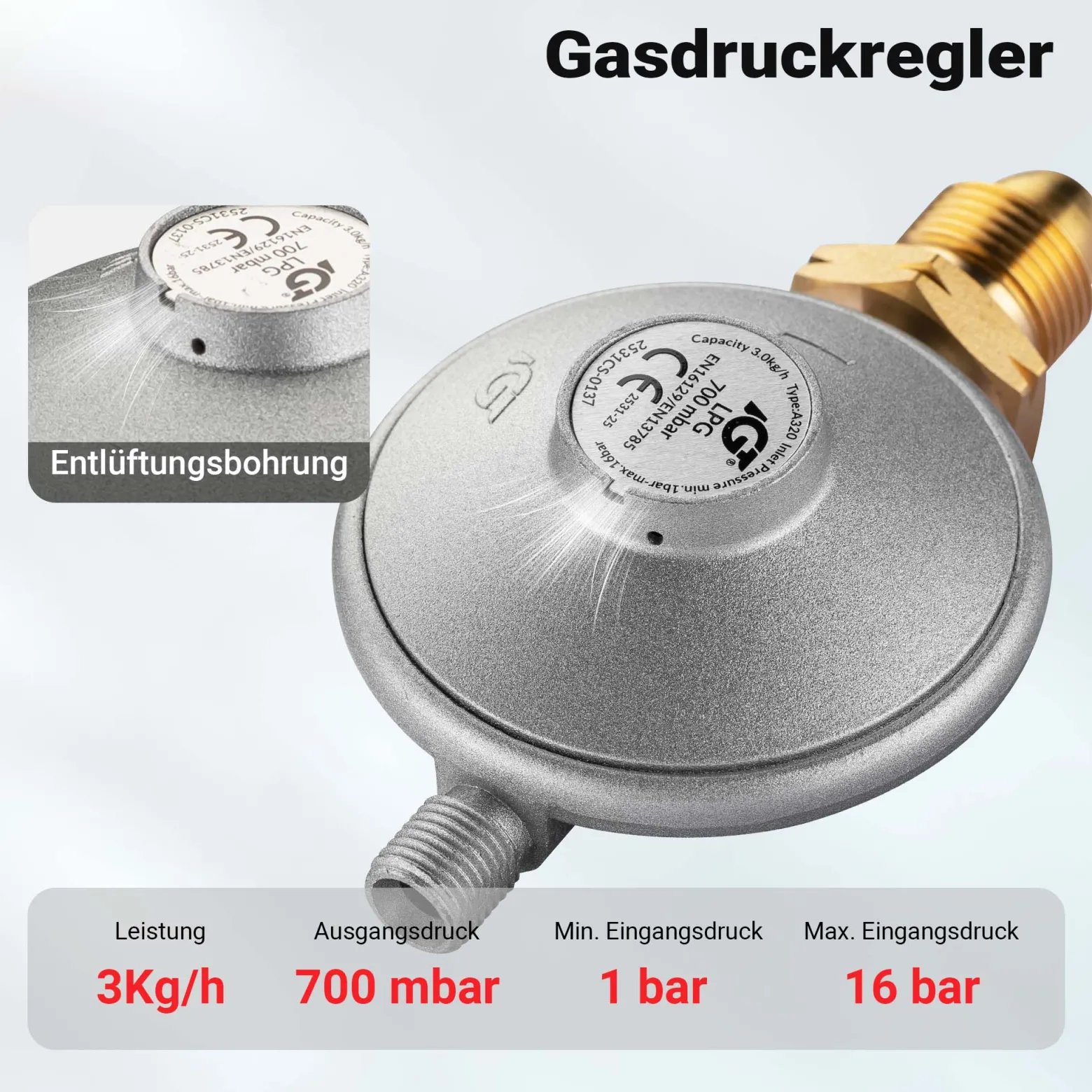 Wiltec Gasdruckminderer UK, Gasdruckregler 700 mbar, 1,5 m Gasschlauch mit Druckminderer, Druckregler für große Geräte, Gasregler für Gasheizgebläse