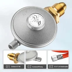 Wiltec Gasdruckminderer UK, Gasdruckregler 700 mbar, 1,5 m Gasschlauch mit Druckminderer, Druckregler für große Geräte, Gasregler für Gasheizgebläse