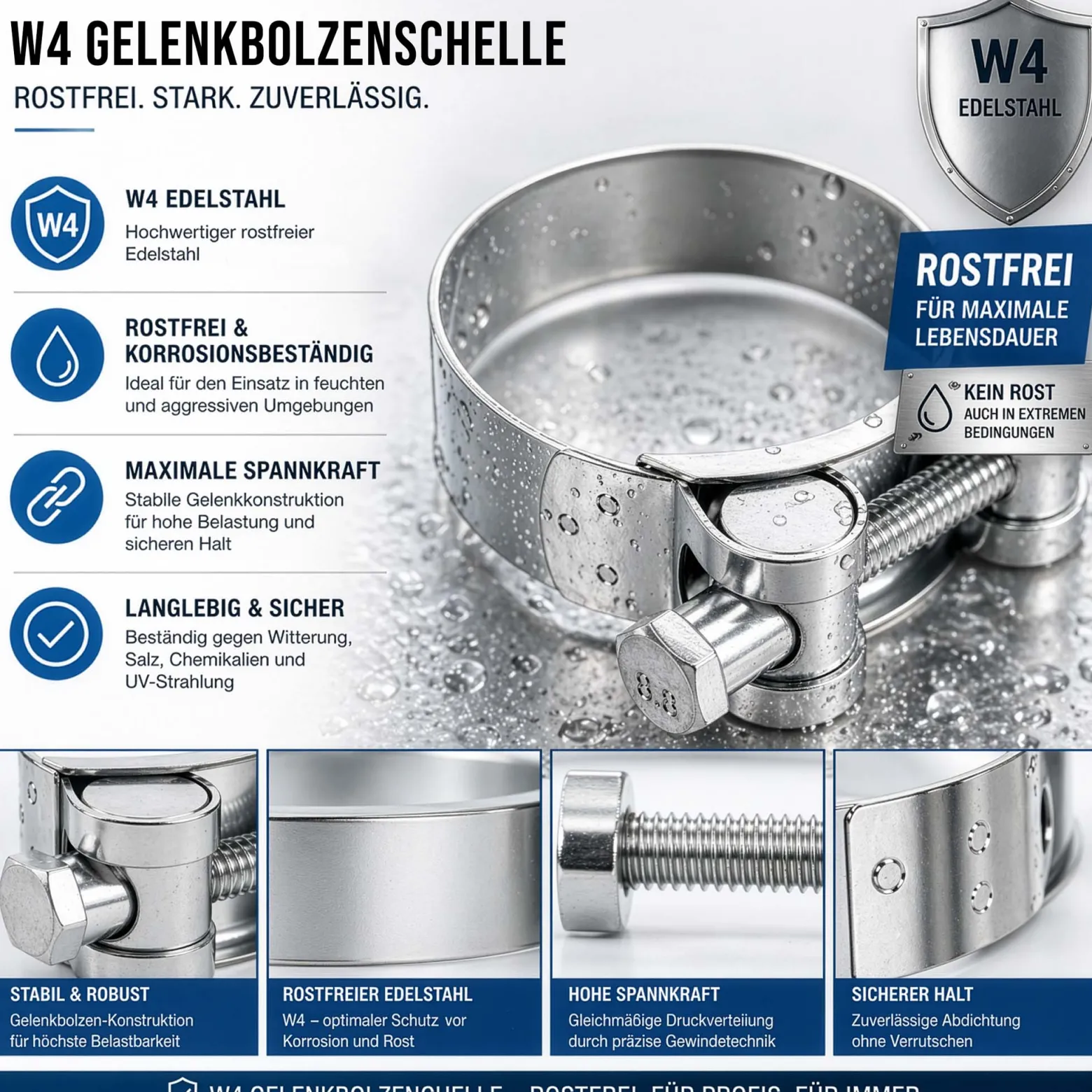 Wiltec Gelenkbolzenschelle W4 Bandbreite 20mm Spannbereich 32-35mm rostfreier Edelstahl Spannbackenschelle Schlauchschelle