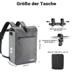 Wiltec Gepäckträgertasche grau, Fahrradtasche Rucksack 25 l Stauraum, Gepäcktasche mit Laptopfach, wasserresistente Fahrrad Tasche