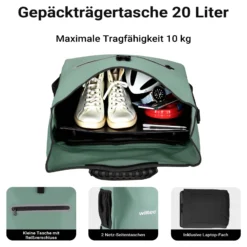 Wiltec Gepäckträgertasche grün, Fahrradtasche Rucksack 20 l Stauraum, Gepäcktasche mit Laptopfach, wasserresistente Fahrrad Tasche