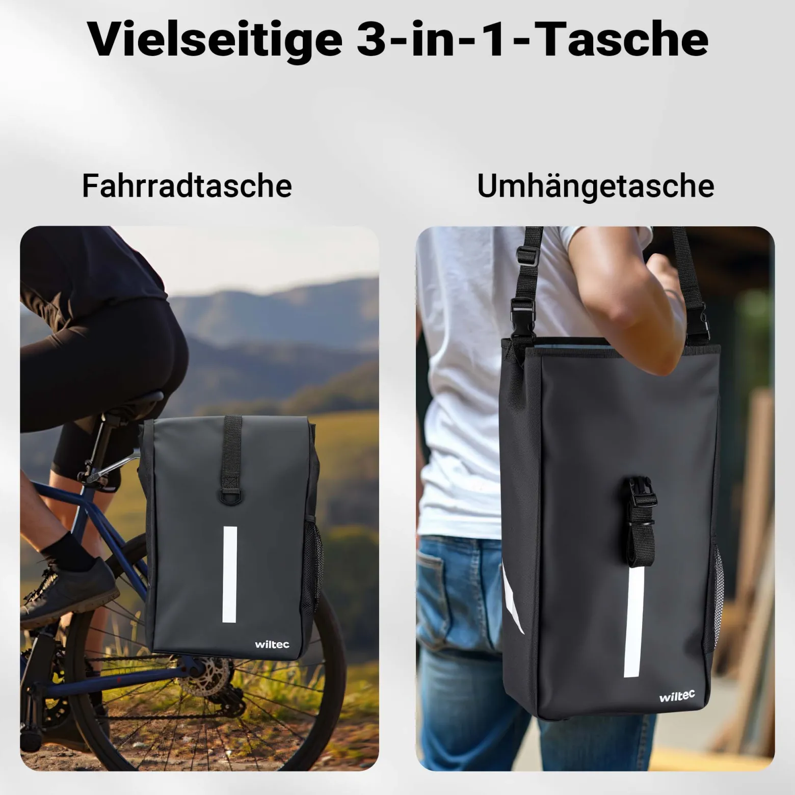 Wiltec Gepäckträgertasche matt schwarz, Fahrradtasche Gepäckträger 16 l Stauraum, Gepäcktasche mit Tragegurt, wasserresistente Fahrrad Tasche