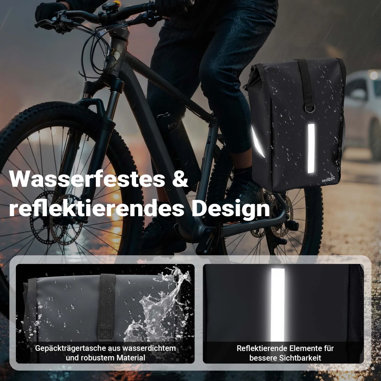 Wiltec Gepäckträgertasche matt schwarz, Fahrradtasche Gepäckträger 16 l Stauraum, Gepäcktasche mit Tragegurt, wasserresistente Fahrrad Tasche