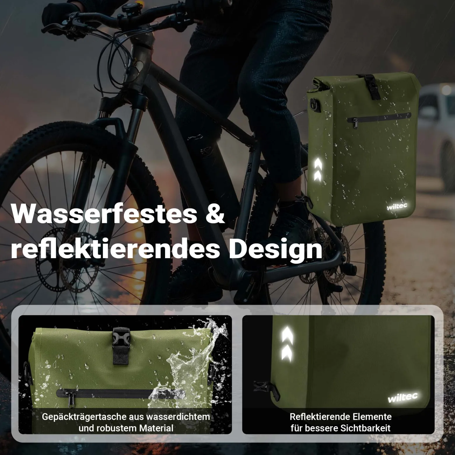 Wiltec Gepäckträgertasche oliv, Fahrradtasche Rucksack 25 l Stauraum, Gepäcktasche mit Laptopfach, wasserresistente Fahrrad Tasche
