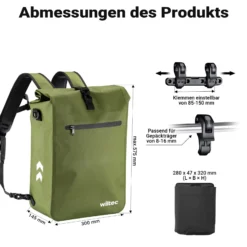 Wiltec Gepäckträgertasche oliv, Fahrradtasche Rucksack 25 l Stauraum, Gepäcktasche mit Laptopfach, wasserresistente Fahrrad Tasche