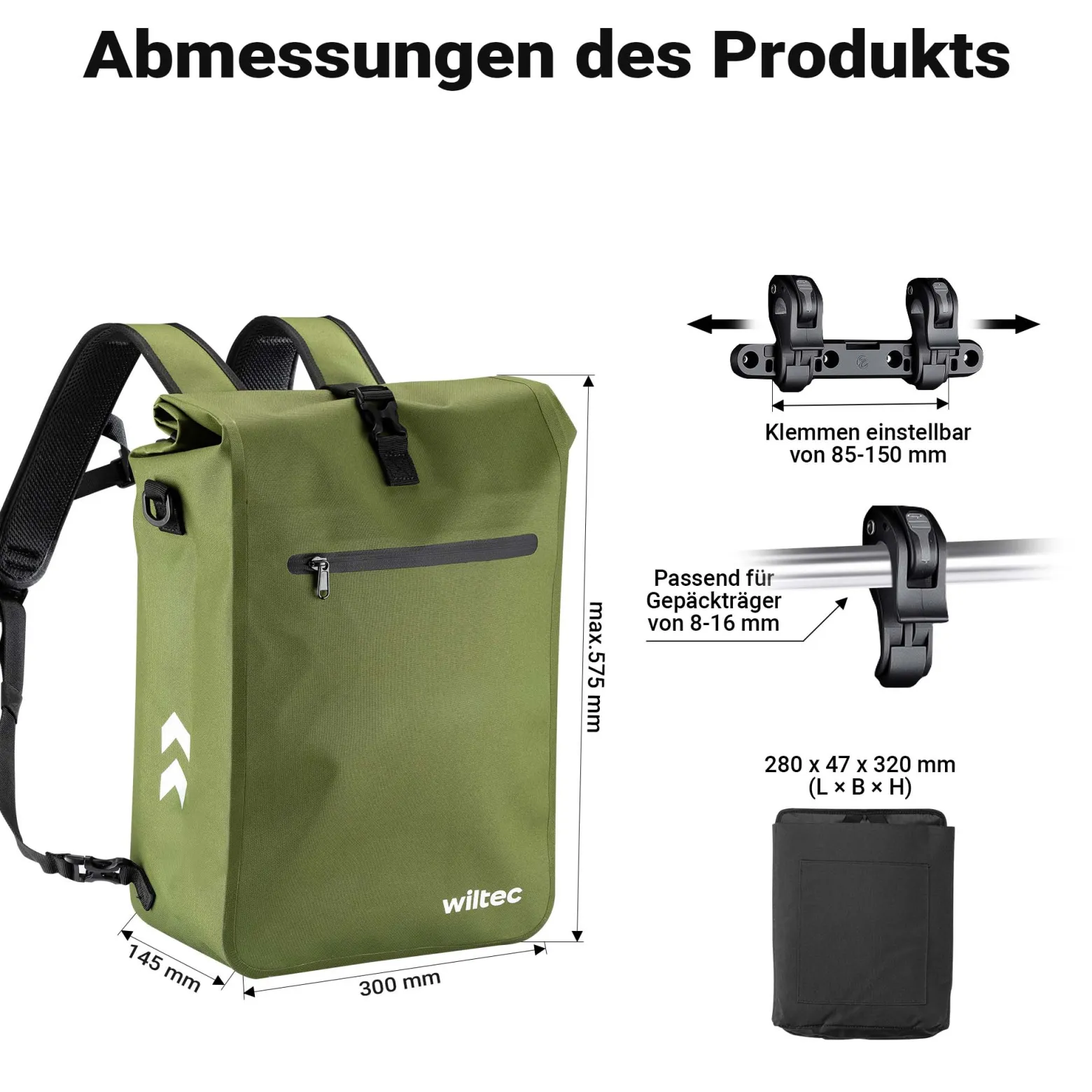 Wiltec Gepäckträgertasche oliv, Fahrradtasche Rucksack 25 l Stauraum, Gepäcktasche mit Laptopfach, wasserresistente Fahrrad Tasche