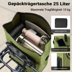 Wiltec Gepäckträgertasche oliv, Fahrradtasche Rucksack 25 l Stauraum, Gepäcktasche mit Laptopfach, wasserresistente Fahrrad Tasche