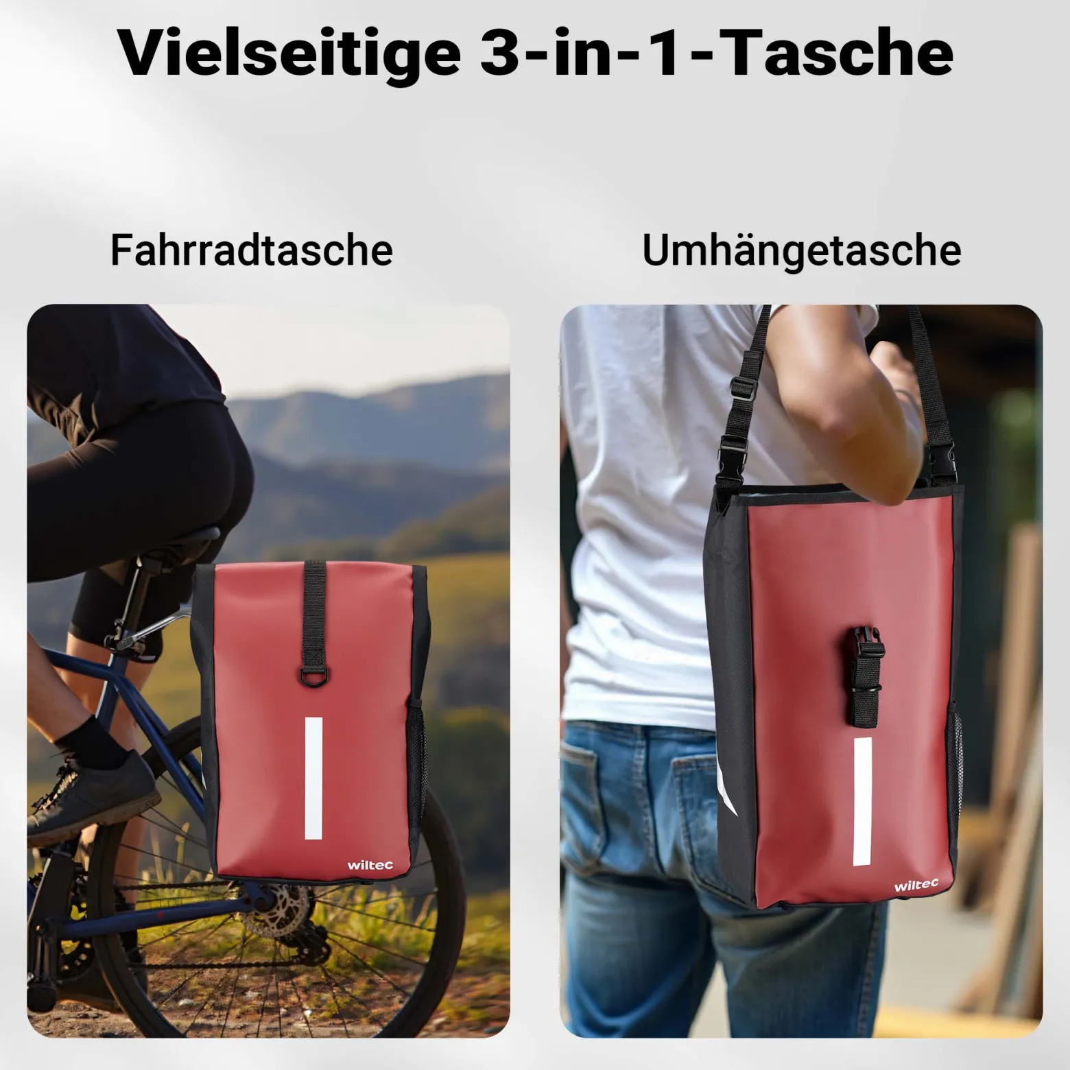 Wiltec Gepäckträgertasche rot, Fahrradtasche Gepäckträger 16 l Stauraum, Gepäcktasche mit Tragegurt, wasserresistente Fahrrad Tasche