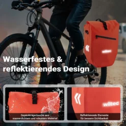 Wiltec Gepäckträgertasche rot, Fahrradtasche Gepäckträger 28 l Stauraum, Gepäcktasche mit Tragegurt, wasserresistente Fahrrad Tasche mit Reflektoren