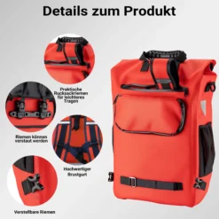 Wiltec Gepäckträgertasche rot, Fahrradtasche Rucksack 20 l Stauraum, Gepäcktasche mit Laptopfach, wasserresistente Fahrrad Tasche