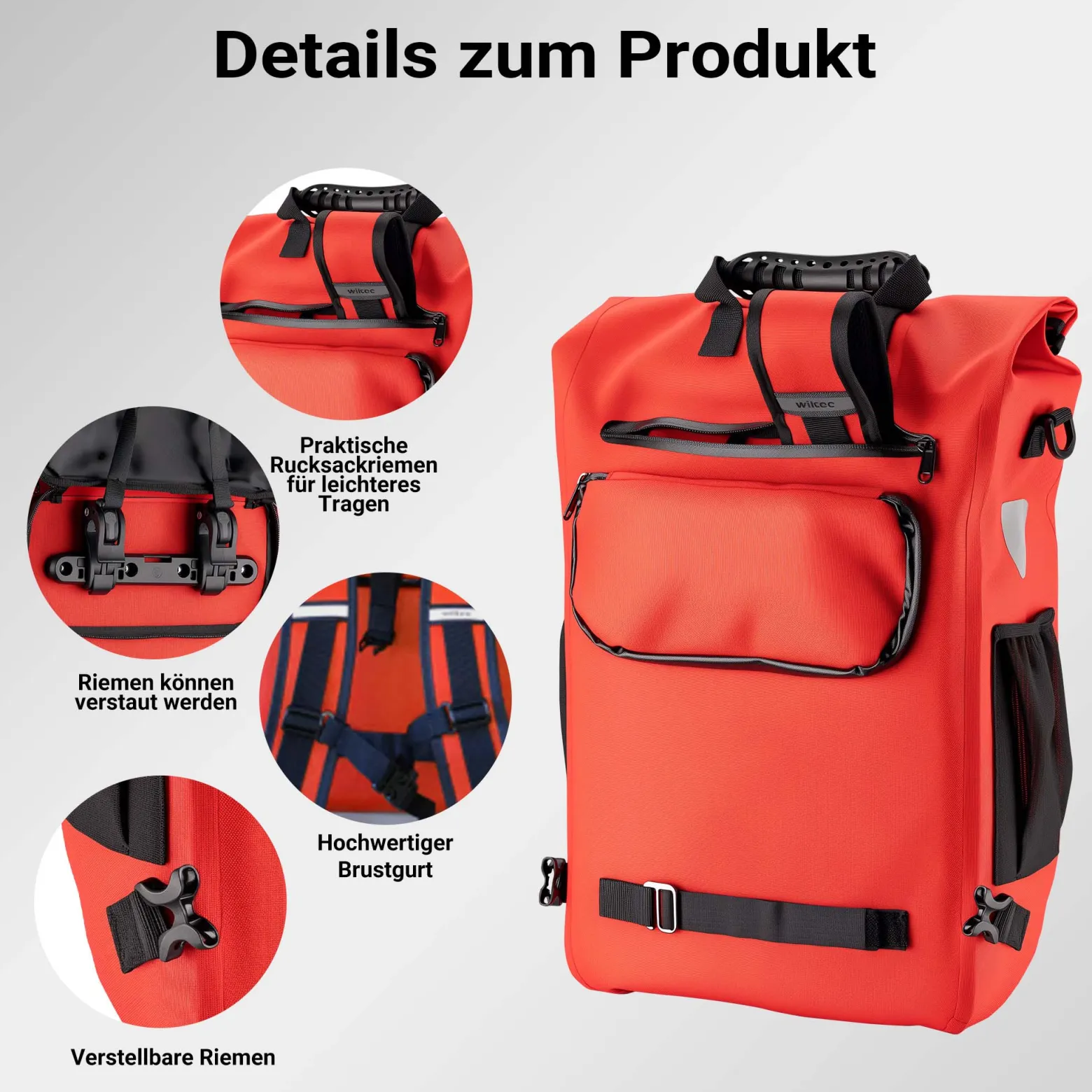 Wiltec Gepäckträgertasche rot, Fahrradtasche Rucksack 20 l Stauraum, Gepäcktasche mit Laptopfach, wasserresistente Fahrrad Tasche