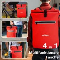 Wiltec Gepäckträgertasche rot, Fahrradtasche Rucksack 20 l Stauraum, Gepäcktasche mit Laptopfach, wasserresistente Fahrrad Tasche