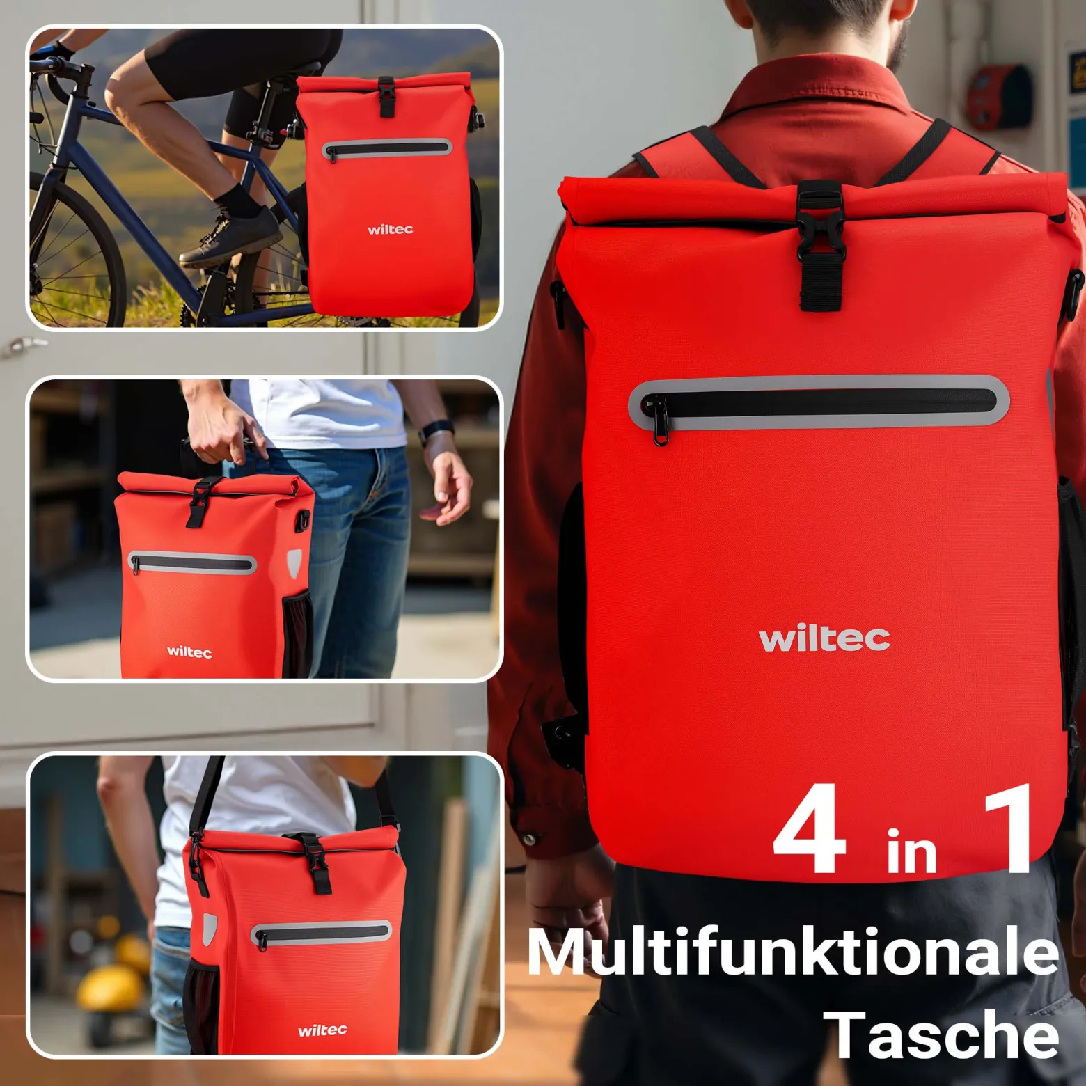 Wiltec Gepäckträgertasche rot, Fahrradtasche Rucksack 20 l Stauraum, Gepäcktasche mit Laptopfach, wasserresistente Fahrrad Tasche
