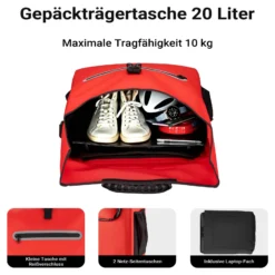 Wiltec Gepäckträgertasche rot, Fahrradtasche Rucksack 20 l Stauraum, Gepäcktasche mit Laptopfach, wasserresistente Fahrrad Tasche