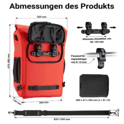 Wiltec Gepäckträgertasche rot, Fahrradtasche Rucksack 20 l Stauraum, Gepäcktasche mit Laptopfach, wasserresistente Fahrrad Tasche