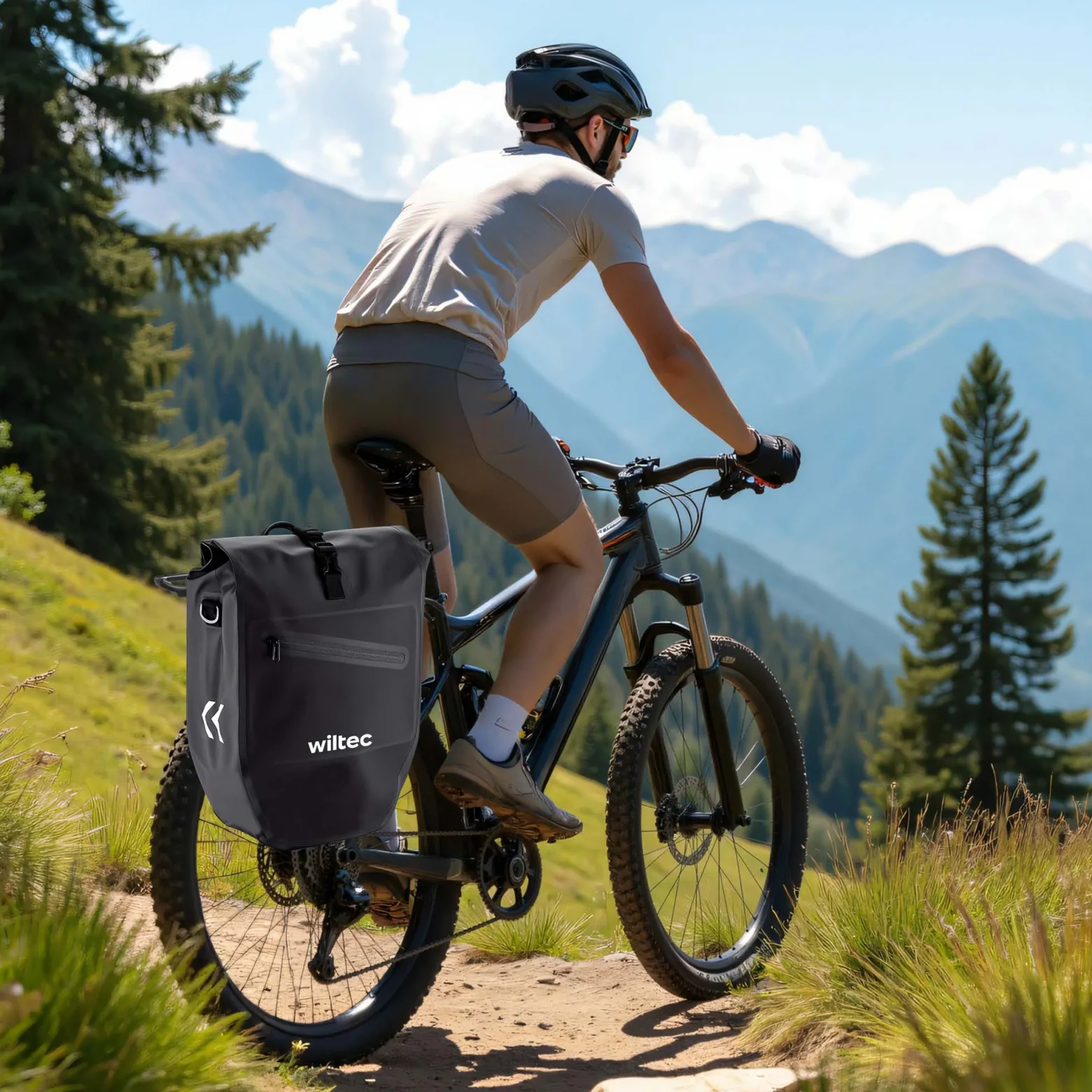 Wiltec Gepäckträgertasche schwarz, Fahrradtasche Gepäckträger 28 l Stauraum, Gepäcktasche mit Tragegurt, Fahrrad Tasche wasserresistent Reflektoren