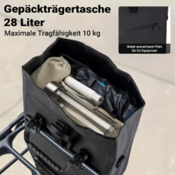 Wiltec Gepäckträgertasche schwarz, Fahrradtasche Gepäckträger 28 l Stauraum, Gepäcktasche mit Tragegurt, Fahrrad Tasche wasserresistent Reflektoren