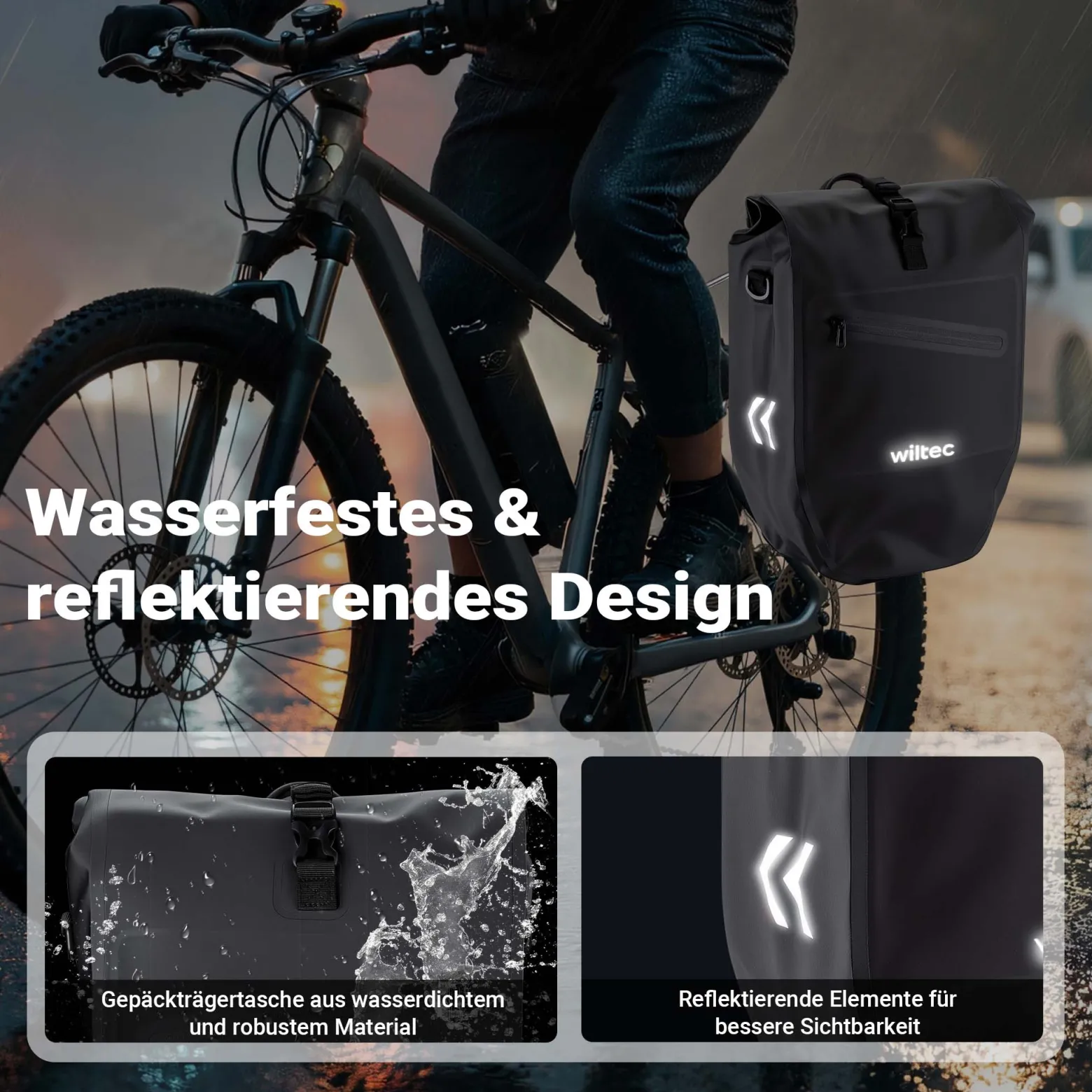 Wiltec Gepäckträgertasche schwarz, Fahrradtasche Gepäckträger 28 l Stauraum, Gepäcktasche mit Tragegurt, Fahrrad Tasche wasserresistent Reflektoren