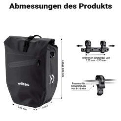 Wiltec Gepäckträgertasche schwarz, Fahrradtasche Gepäckträger 28 l Stauraum, Gepäcktasche mit Tragegurt, Fahrrad Tasche wasserresistent Reflektoren