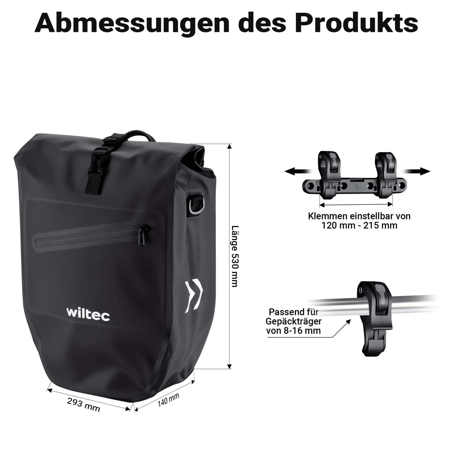 Wiltec Gepäckträgertasche schwarz, Fahrradtasche Gepäckträger 28 l Stauraum, Gepäcktasche mit Tragegurt, Fahrrad Tasche wasserresistent Reflektoren