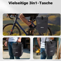 Wiltec Gepäckträgertasche schwarz, Fahrradtasche Gepäckträger 28 l Stauraum, Gepäcktasche mit Tragegurt, Fahrrad Tasche wasserresistent Reflektoren
