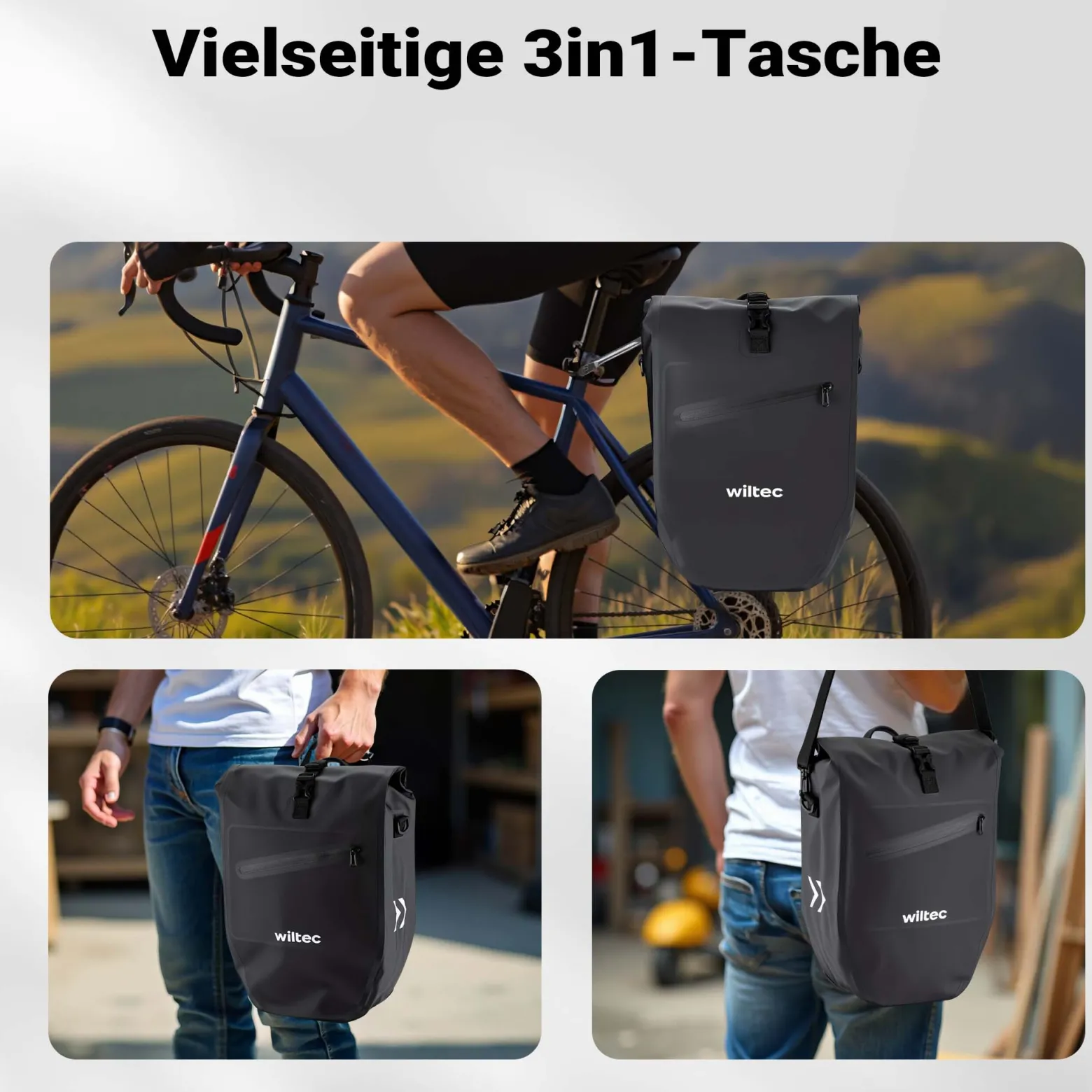 Wiltec Gepäckträgertasche schwarz, Fahrradtasche Gepäckträger 28 l Stauraum, Gepäcktasche mit Tragegurt, Fahrrad Tasche wasserresistent Reflektoren