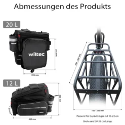 Wiltec Gepäckträgertasche schwarz, Fahrradtasche Gepäckträger bis 20 l Stauraum, wasserresistente Fahrrad Tasche, Gepäcktasche leichte Handhabung