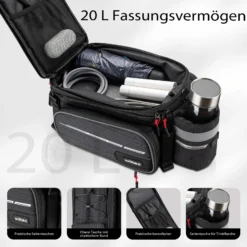 Wiltec Gepäckträgertasche schwarz, Fahrradtasche Gepäckträger bis 20 l Stauraum, wasserresistente Fahrrad Tasche, Gepäcktasche leichte Handhabung