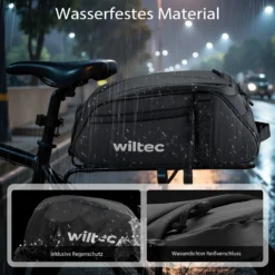 Wiltec Gepäckträgertasche schwarz, Fahrradtasche Gepäckträger 8 l Stauraum, Gepäcktasche mit Tragegurt, Fahrrad Tasche wasserresistent mit Reflektoren