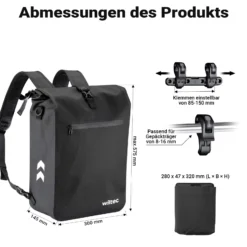 Wiltec Gepäckträgertasche schwarz, Fahrradtasche Rucksack 25 l Stauraum, Gepäcktasche mit Laptopfach, wasserresistente Fahrrad Tasche