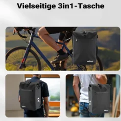 Wiltec Gepäckträgertasche schwarz, Fahrradtasche Rucksack 25 l Stauraum, Gepäcktasche mit Laptopfach, wasserresistente Fahrrad Tasche