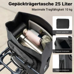 Wiltec Gepäckträgertasche schwarz, Fahrradtasche Rucksack 25 l Stauraum, Gepäcktasche mit Laptopfach, wasserresistente Fahrrad Tasche